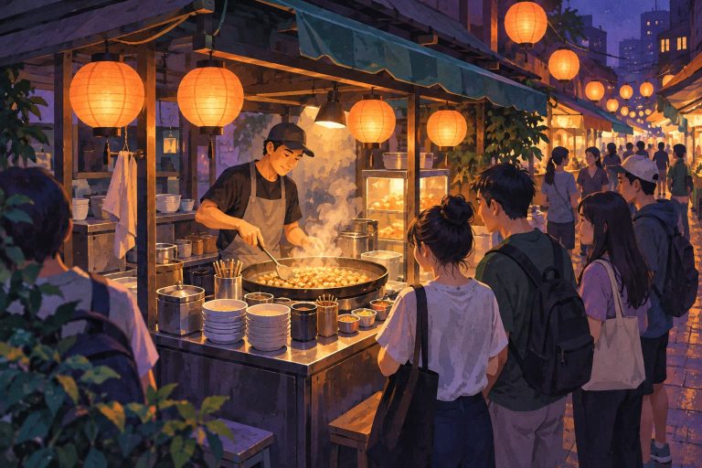 Illustrated Taipei night market food stall under orange lanterns, with a cook at the counter and a short queue