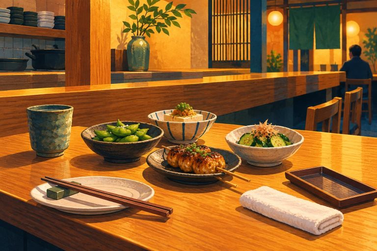 Illustrated izakaya counter with small shared dishes, chopsticks, a cup, and a blank bill tray under warm lights