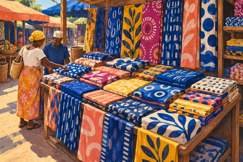 Illustrated market cloth stall with folded blue, coral, and yellow fabric while a shopper points to a piece beside the seller.