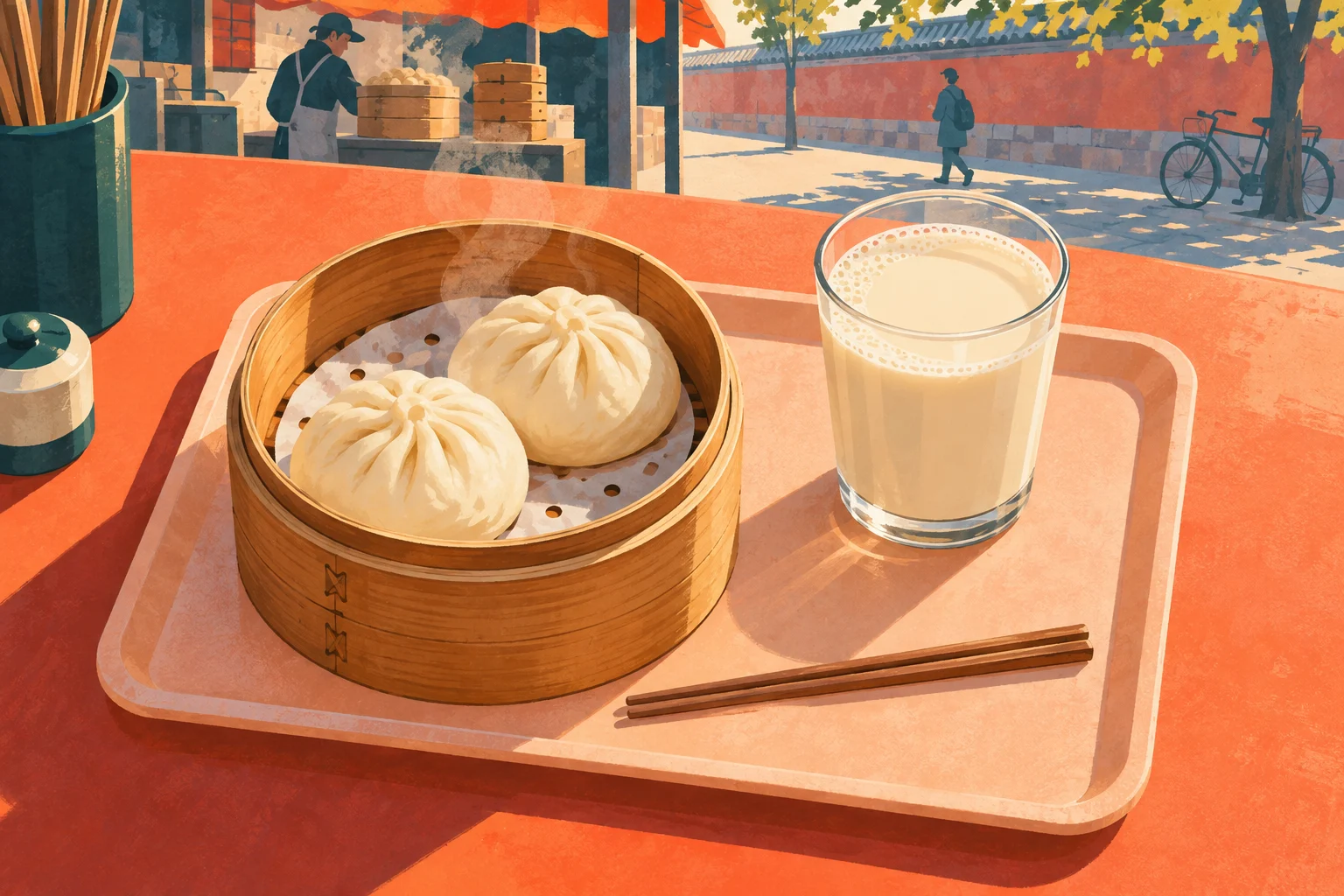 Illustration of two steamed buns in a bamboo steamer and a glass of soy milk on a breakfast tray at a Beijing street stall
