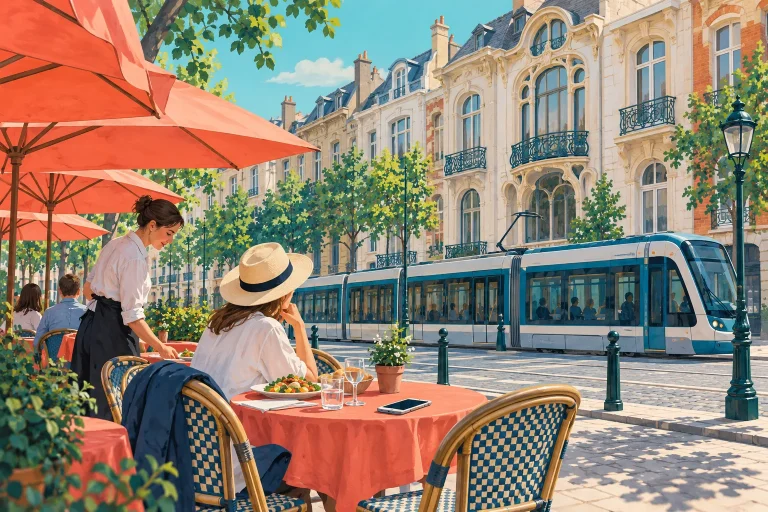 A server and traveller at a Brussels café table, with a phone on the table and a blue tram passing behind them.