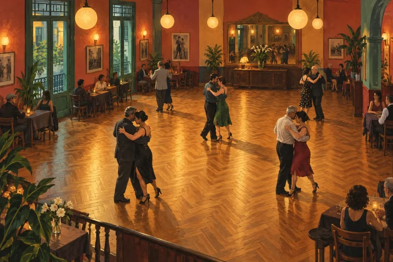 Illustration of several pairs dancing on an amber parquet floor in a coral-walled hall while other guests sit at tables around the room