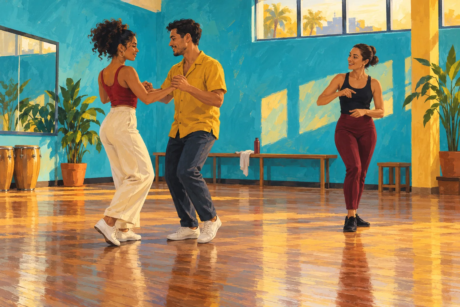 Gouache illustration of two adults practising a partnered salsa step in a sunlit blue dance studio while an instructor demonstrates nearby.