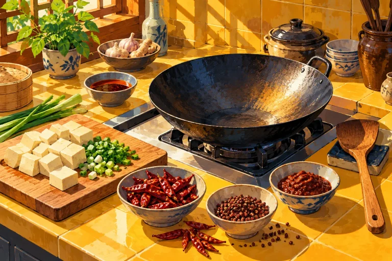 An empty wok on a stove in a sunlit kitchen, with cut tofu, spring onion, dried chillies, Sichuan peppercorns and bean paste in bowls nearby.