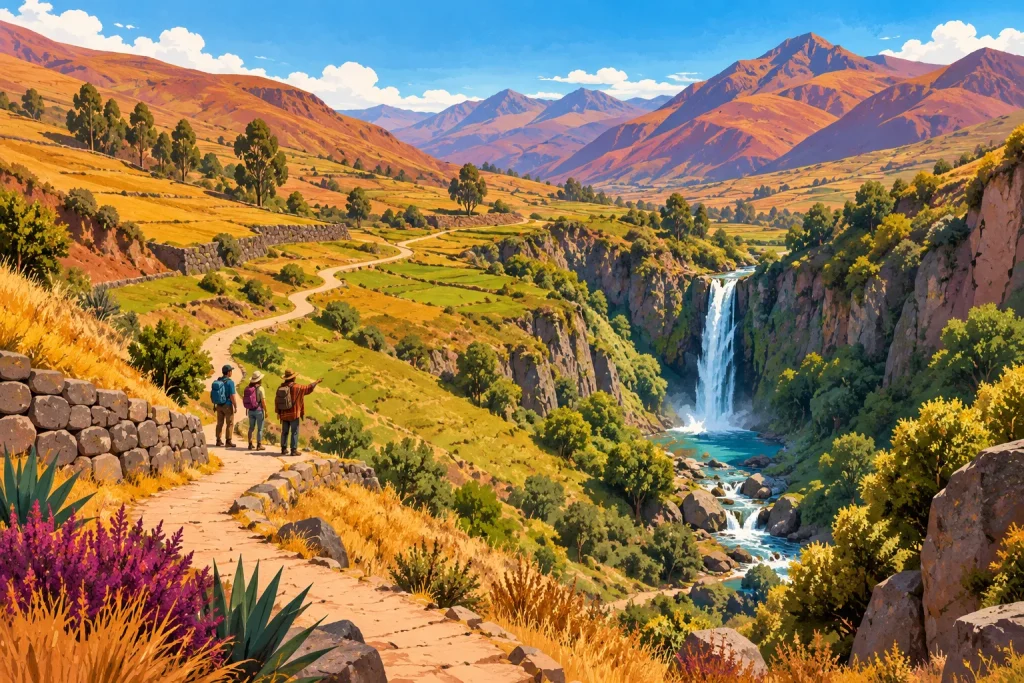 Painted Andean hillside path with three small hikers above a waterfall and orange hills