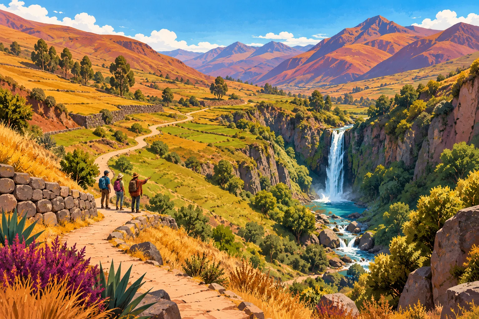 Painted Andean hillside path with three small hikers above a waterfall and orange hills