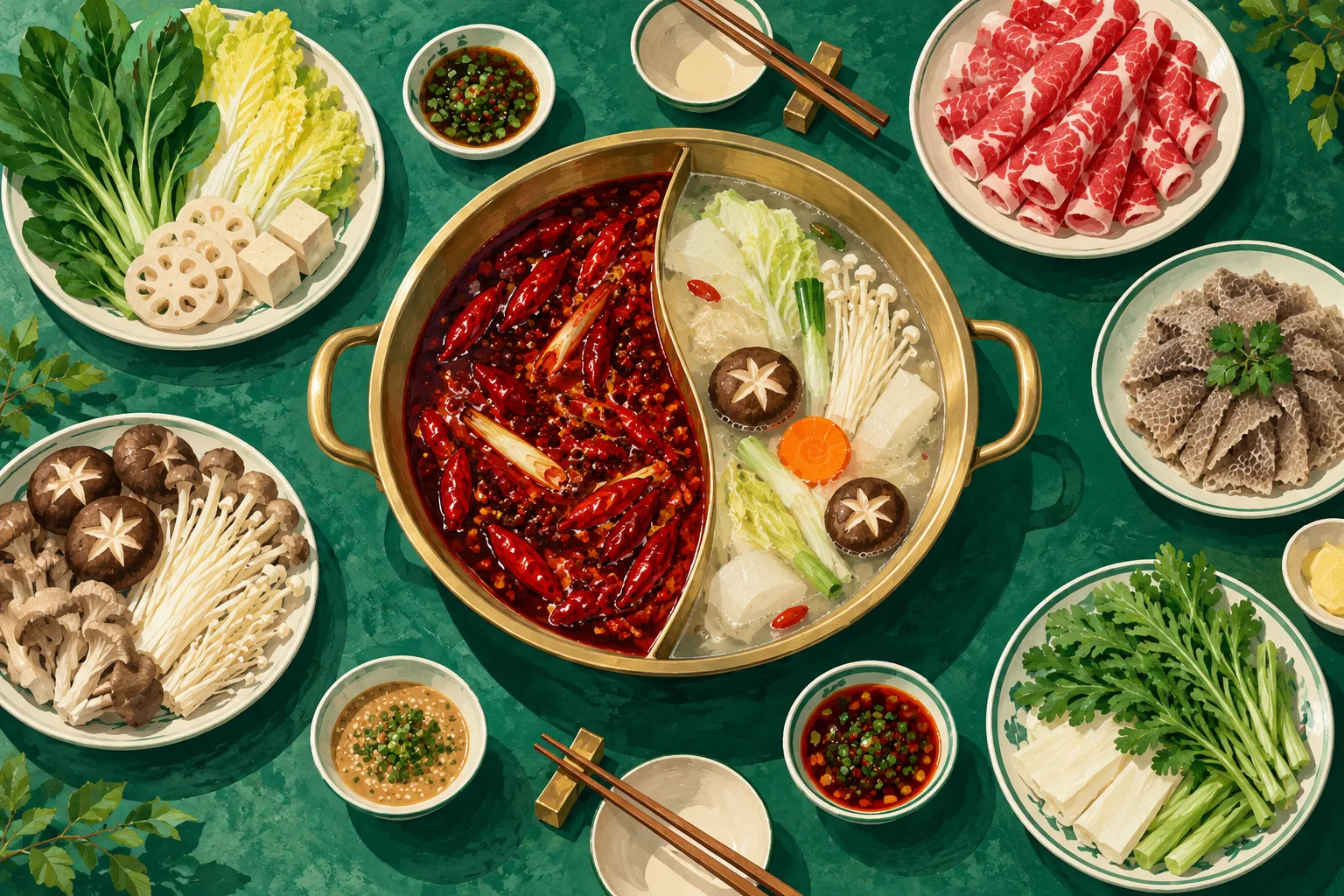 Overhead illustration of a split hot pot with red chilli broth and pale broth, surrounded by plates of vegetables, mushrooms, beef, and tripe on a green table.