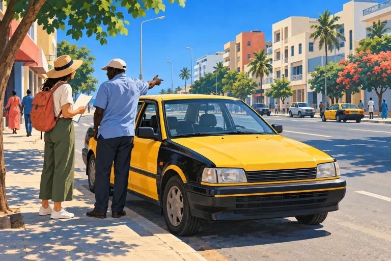 Illustration of a yellow-and-black taxi at a Dakar street curb while a driver points down the avenue and a traveller holds an unmarked paper