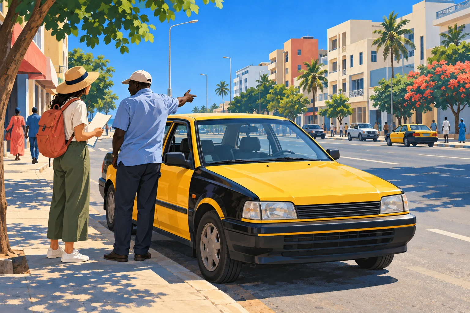 Illustration of a yellow-and-black taxi at a Dakar street curb while a driver points down the avenue and a traveller holds an unmarked paper