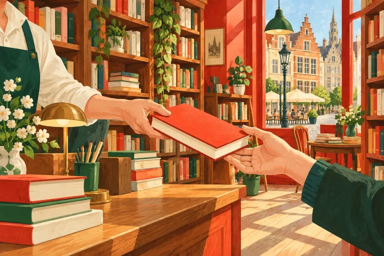 A bookseller's hand offers a red book across a wooden counter, with colourful shelves and a Brussels street beyond the window.