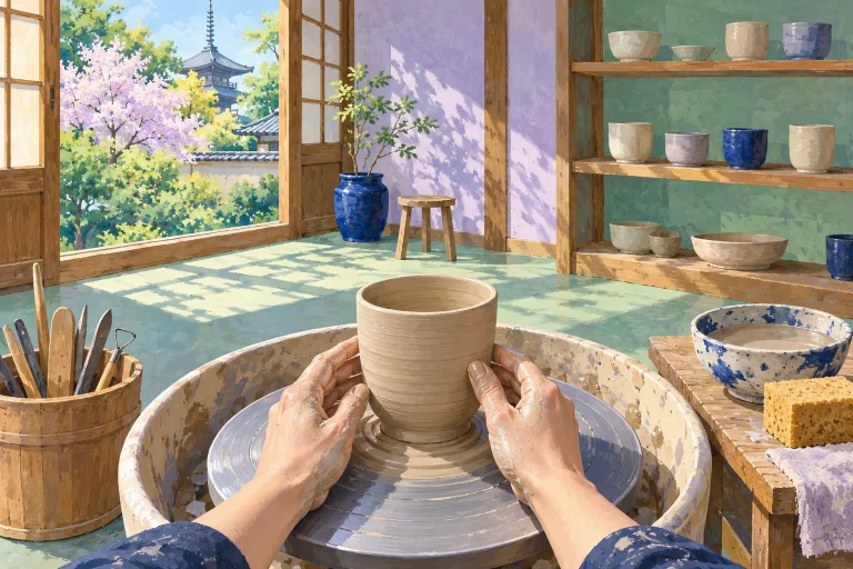 Hands shape a clay cup on a pottery wheel in a sunlit studio, with finished bowls on shelves behind.
