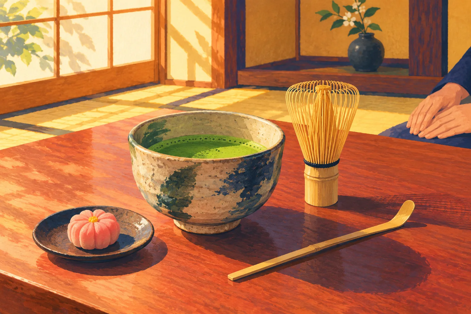 Painted Kyoto tea room table with a bowl of green matcha, upright bamboo whisk, tea scoop and pink sweet in warm afternoon light.