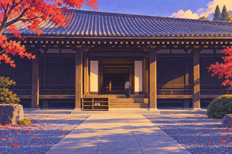 Illustration of a visitor at a timber temple hall entrance in Kyoto, with shoes on a small rack beside the steps