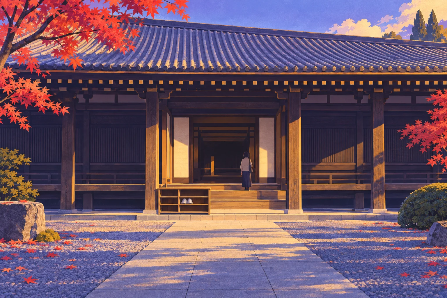 Illustration of a visitor at a timber temple hall entrance in Kyoto, with shoes on a small rack beside the steps