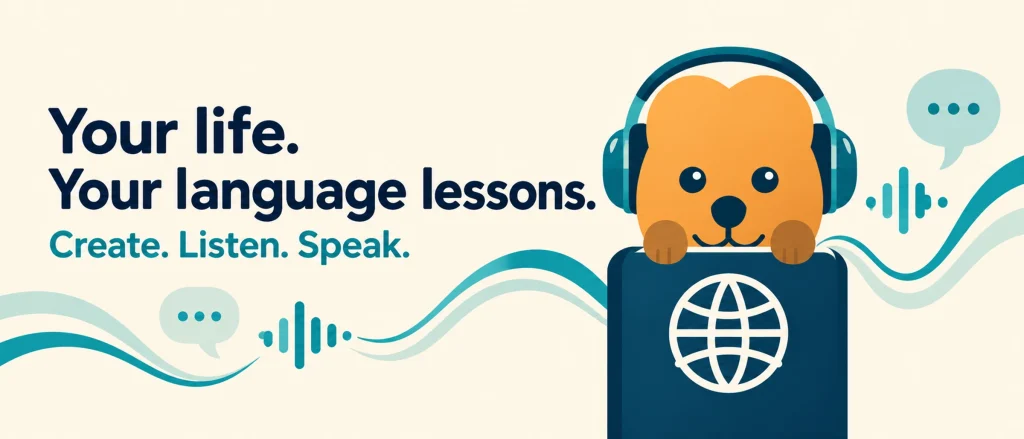 Learn Just Enough mascot wearing headphones beside the words Your life. Your language lessons. Create. Listen. Speak.