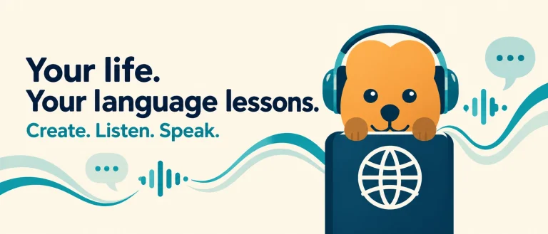 Learn Just Enough mascot wearing headphones beside the words Your life. Your language lessons. Create. Listen. Speak.