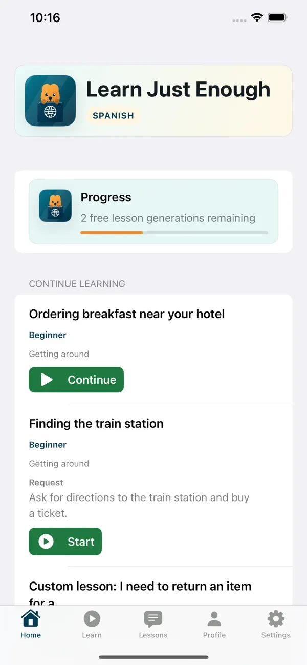 Home screen with Start and Continue lesson buttons