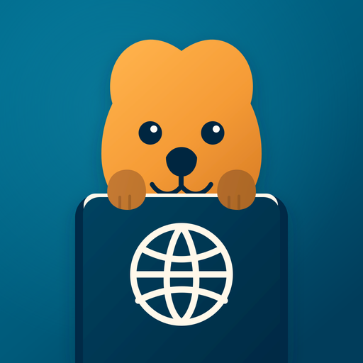 Learn Just Enough app mascot holding a passport with a globe