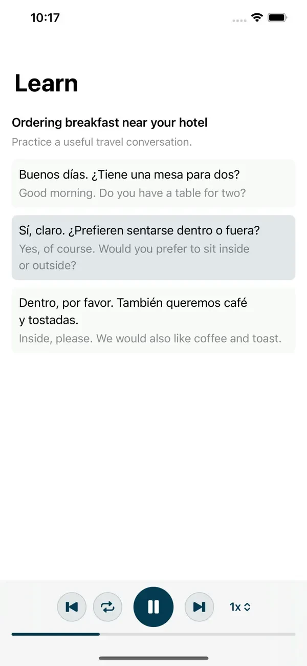 Spanish lesson transcript with translations and playback controls