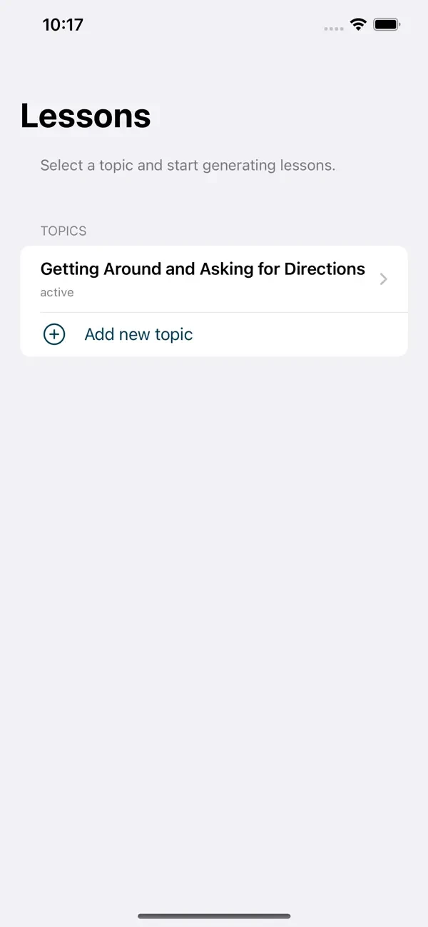 Lessons screen with a topic and Add new topic