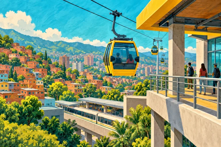 Painted cable car approaching a station above Medellín hillside homes, with a metro train below and a few passengers waiting.