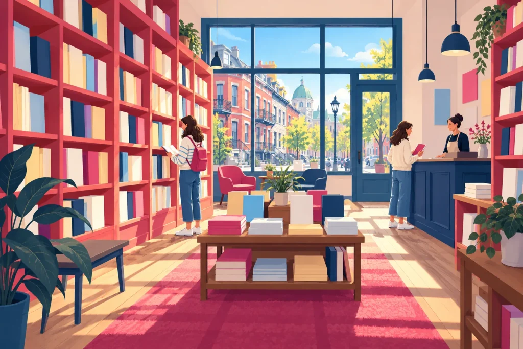 Illustration of a bright bookshop with pink shelves and a central table of books, where one person browses and another speaks with a bookseller at the counter