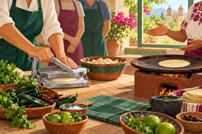 Illustration of hands pressing corn masa into a tortilla at a cooking-class table, with a comal, chiles and a teacher gesturing nearby