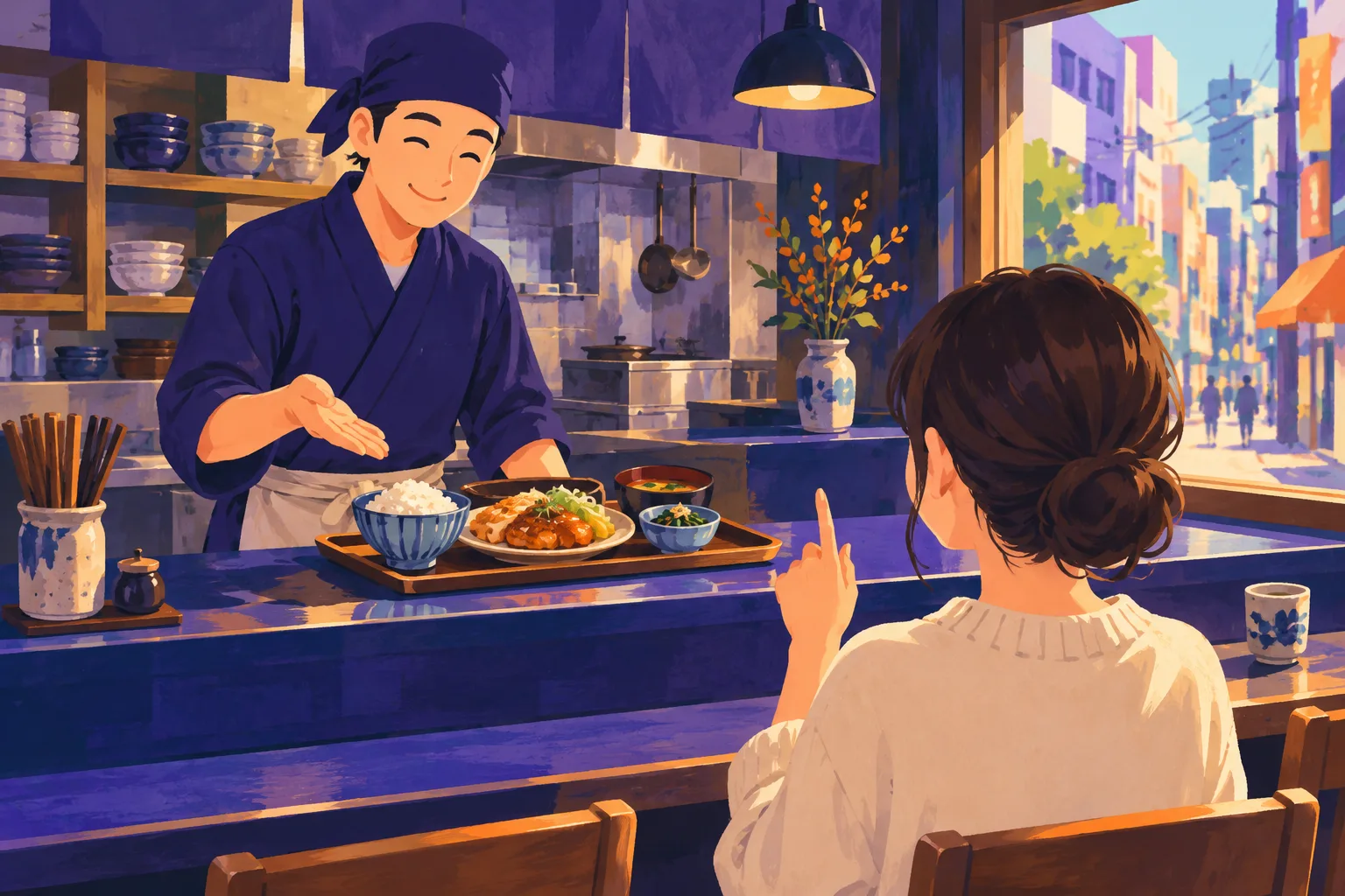 Illustration of a server presenting a set meal across a violet restaurant counter while a customer raises a finger to ask a question