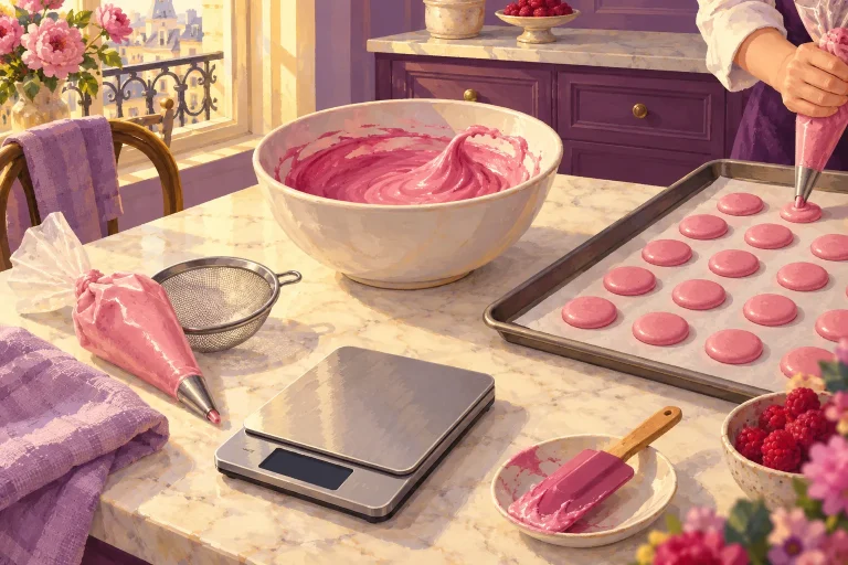 Gouache illustration of a piping bag placing pink macaron batter on a baking tray beside a bowl, sieve, scale and spatula.