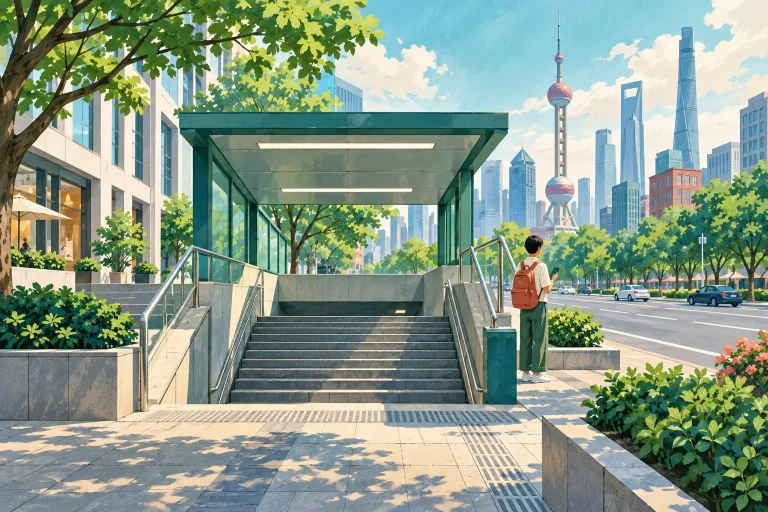 Illustration of an unmarked metro stair entrance opening onto a tree-lined Shanghai avenue, with a traveller holding a phone beside it