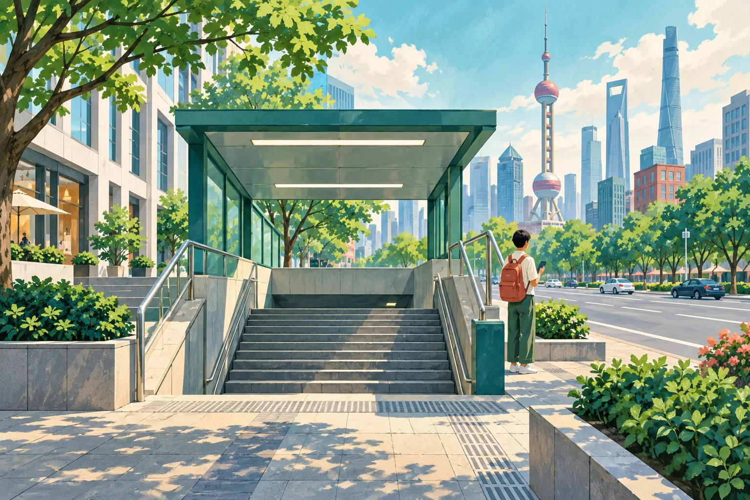 Illustration of an unmarked metro stair entrance opening onto a tree-lined Shanghai avenue, with a traveller holding a phone beside it
