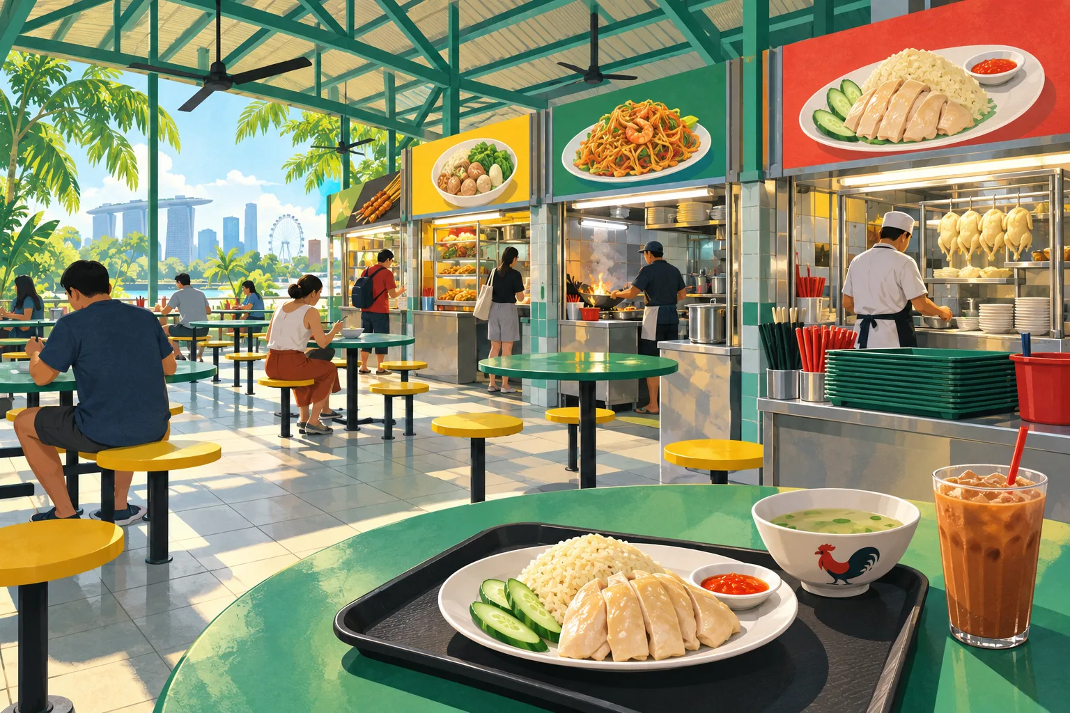 Illustrated hawker centre with food stalls, diners, and a plate of chicken rice on a green table