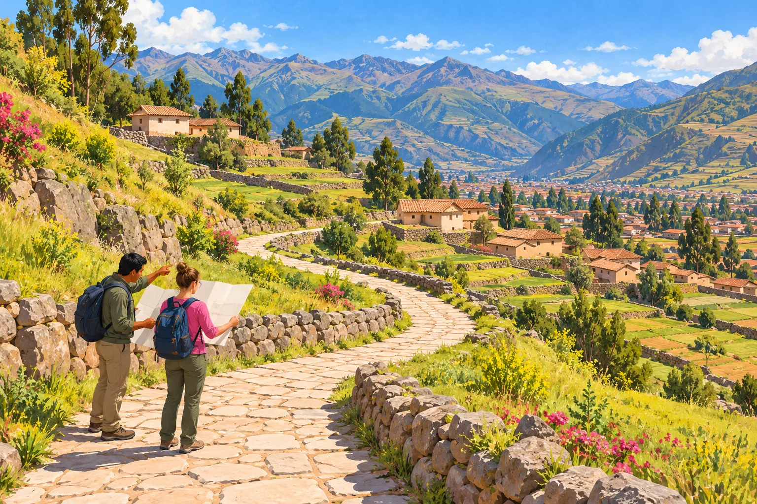 A guide and traveller consult a blank map beside a stone path through terraced hills near Cusco.