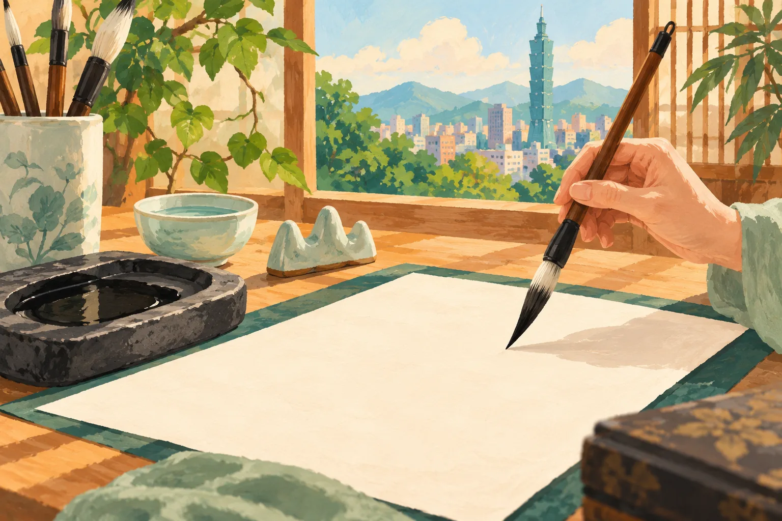 A hand holds a calligraphy brush above blank paper beside an inkstone and water bowl, with Taipei visible through the studio window.