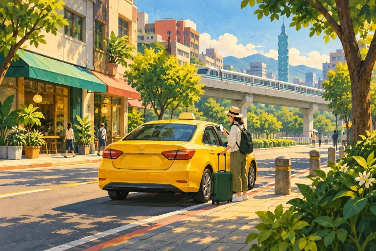 A traveller with a suitcase and phone stands beside a yellow taxi on a Taipei street, with an elevated train and Taipei 101 in the background.