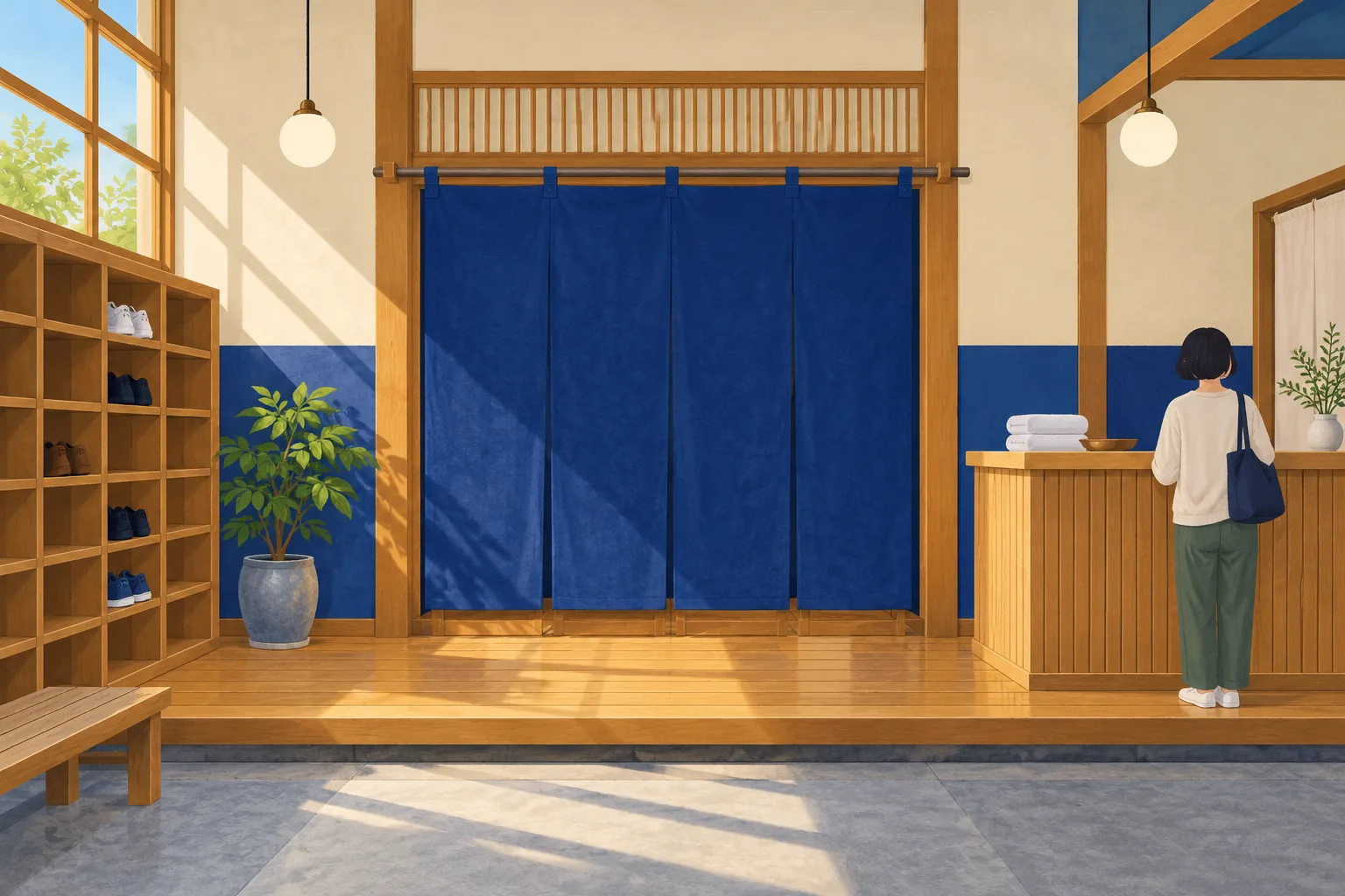 Illustrated sento entrance with blue curtain, wooden shoe lockers, and folded towels at a reception counter