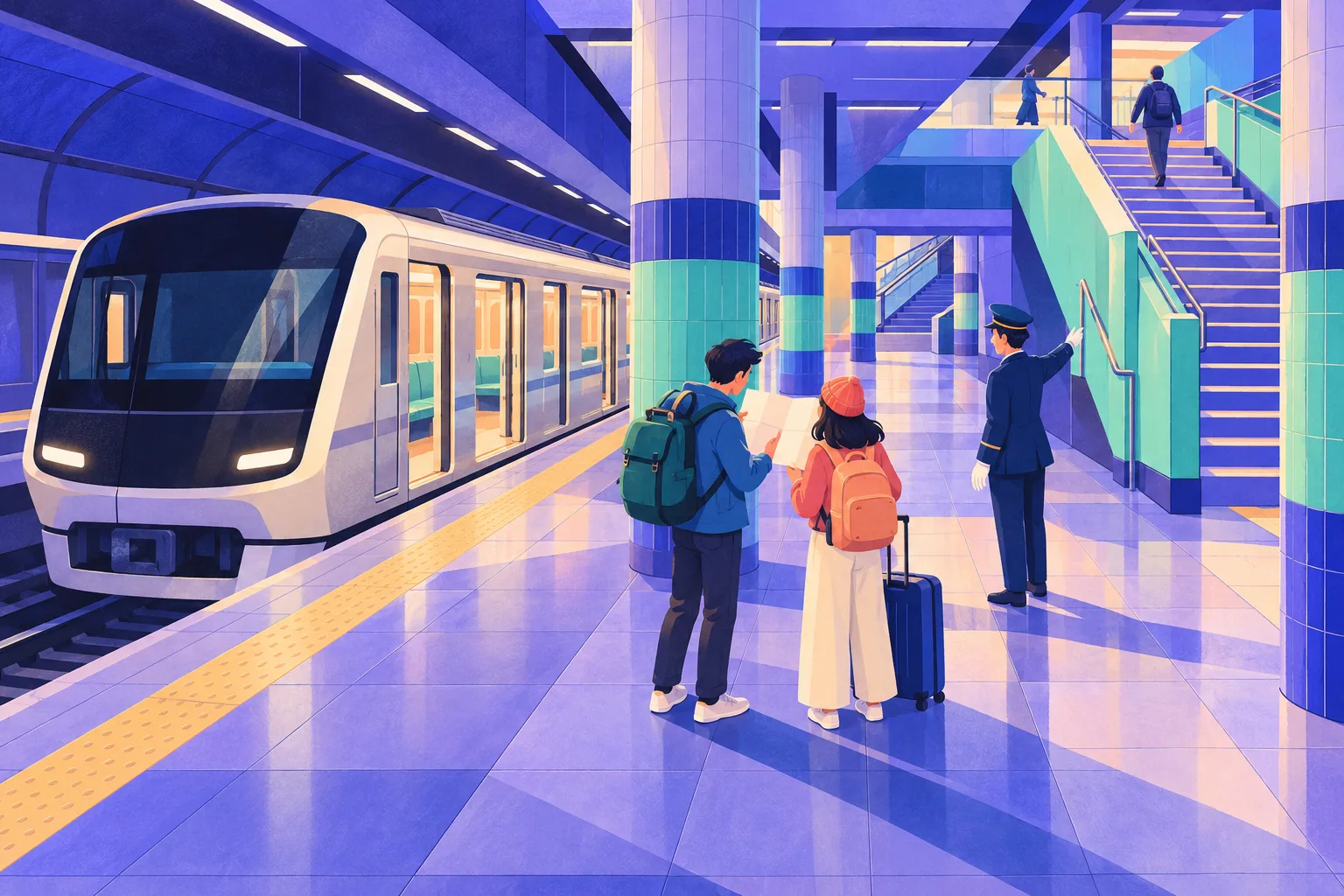 Painted Tokyo subway platform with a stopped train, two travellers looking at a map, and a station worker pointing toward stairs.